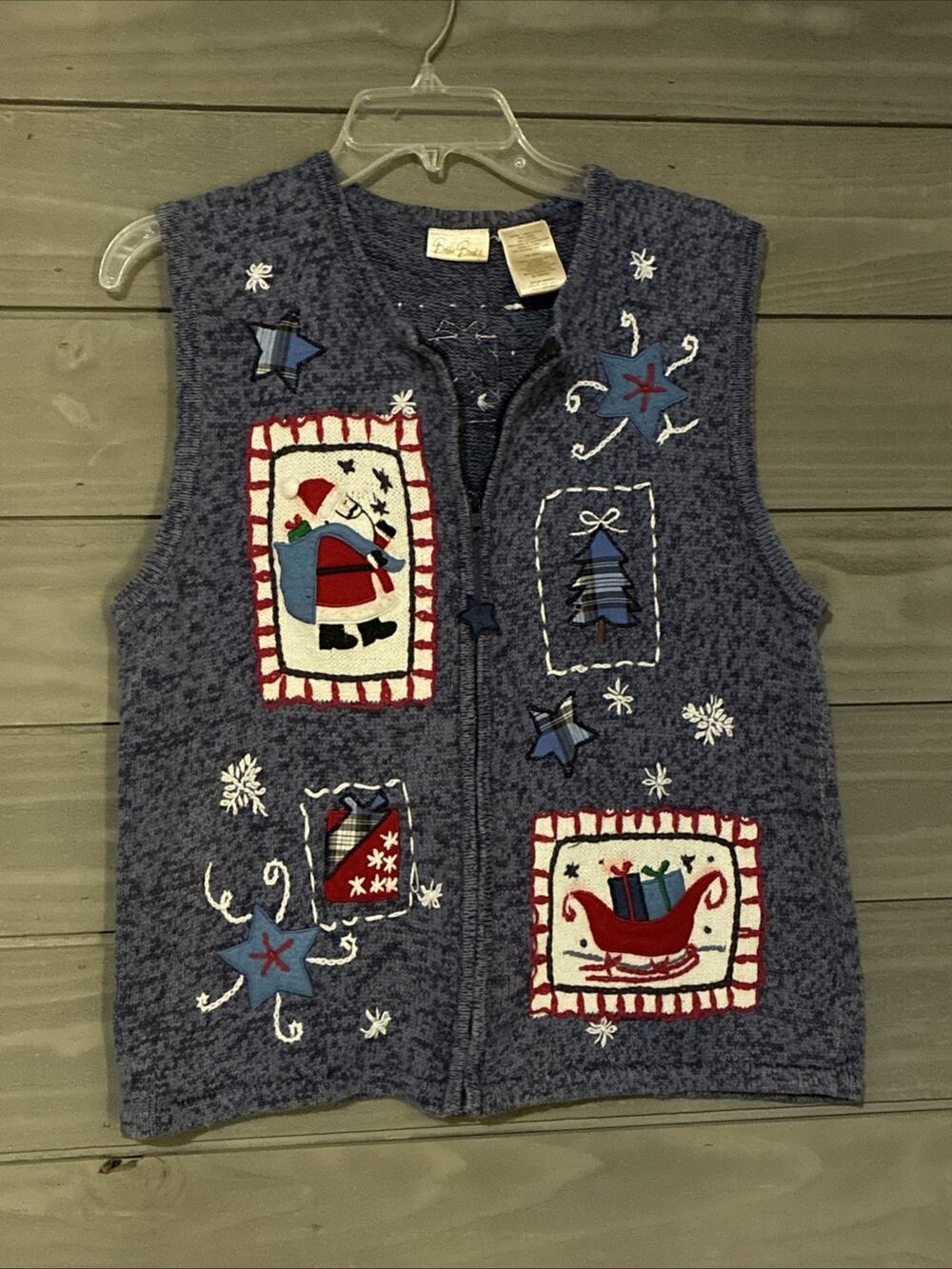 Vintage Bobbie Brooks Sweater Vest Womens L Cardigan Embroidered Santa Zip Up